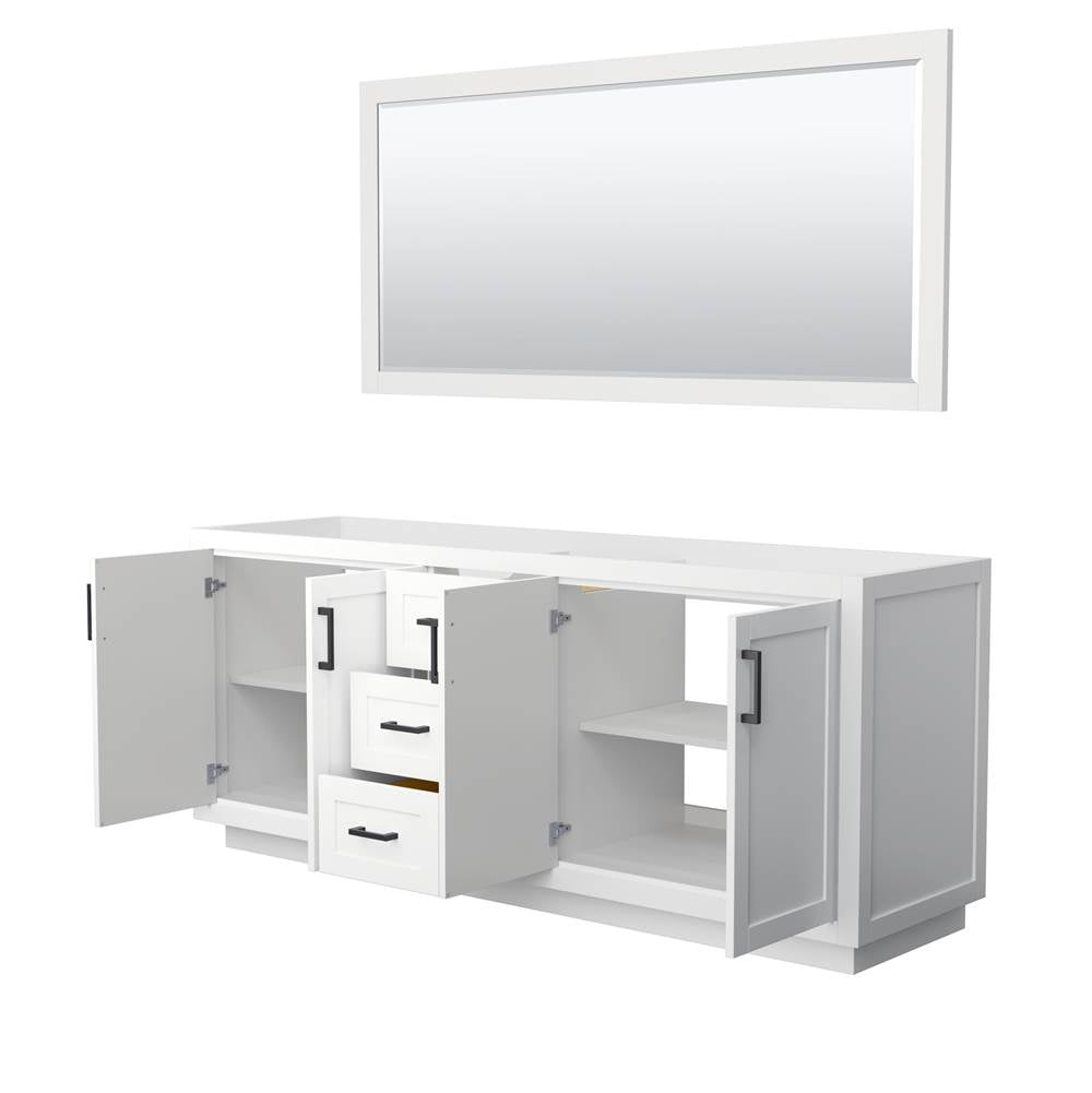 Miranda 80 Inch Double Bathroom Vanity in White, No Countertop, No Sink, Matte Black Trim, 70 Inch Mirror