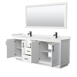 Miranda 80 Inch Double Bathroom Vanity in White, White Cultured Marble Countertop, Undermount Square Sinks, Matte Black Trim, 70 Inch Mirror