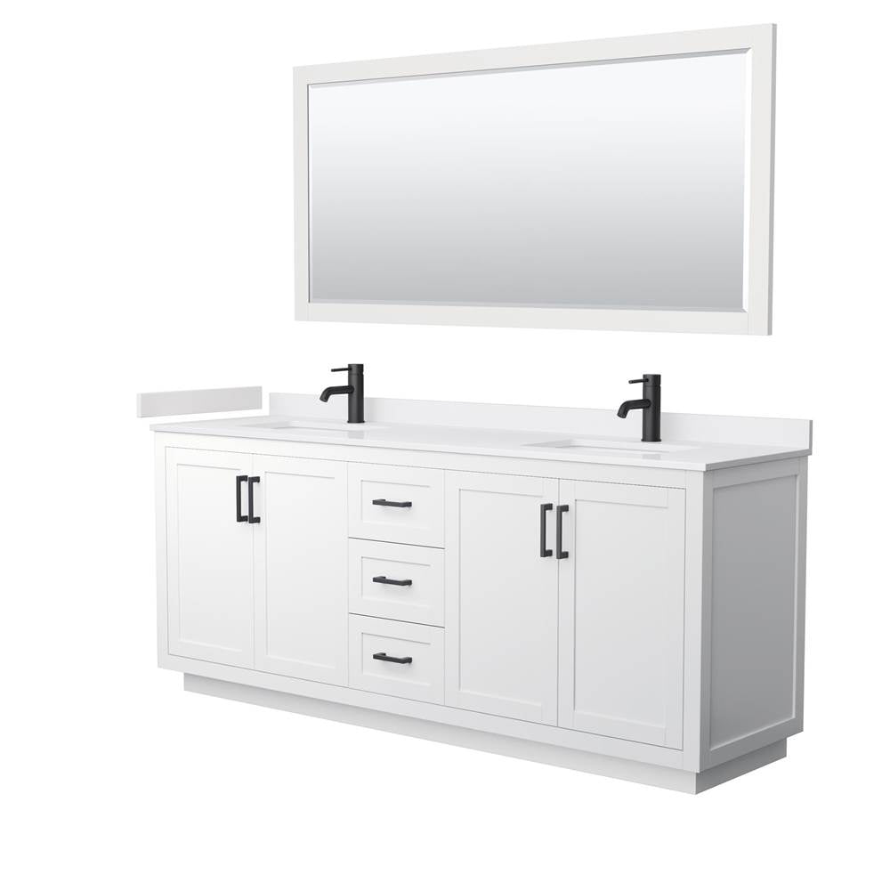 Wyndham Collection - Miranda 80 Inch Double Bathroom Vanity in White, White Cultured Marble Countertop, Undermount Square Sinks, Matte Black Trim, 70 Inch Mirror
