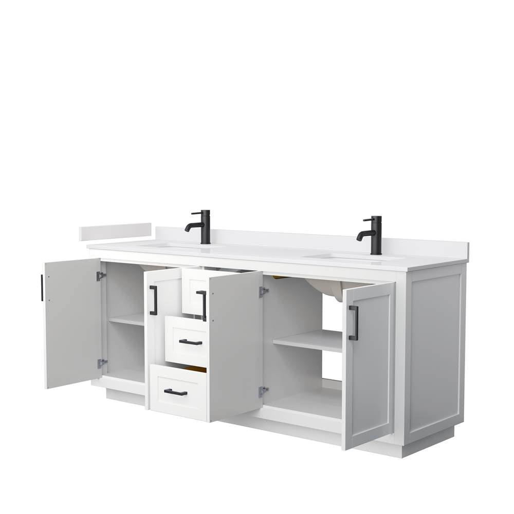 Miranda 80 Inch Double Bathroom Vanity in White, White Cultured Marble Countertop, Undermount Square Sinks, Matte Black Trim