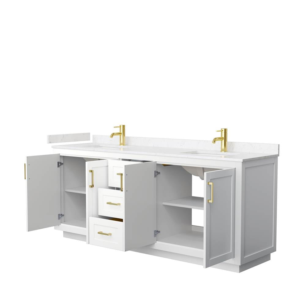 Miranda 80 Inch Double Bathroom Vanity in White, Light-Vein Carrara Cultured Marble Countertop, Undermount Square Sinks, Brushed Gold Trim