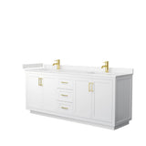 Wyndham Collection - Miranda 80 Inch Double Bathroom Vanity in White, Light-Vein Carrara Cultured Marble Countertop, Undermount Square Sinks, Brushed Gold Trim