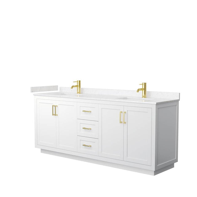 Wyndham Collection - Miranda 80 Inch Double Bathroom Vanity in White, Light-Vein Carrara Cultured Marble Countertop, Undermount Square Sinks, Brushed Gold Trim