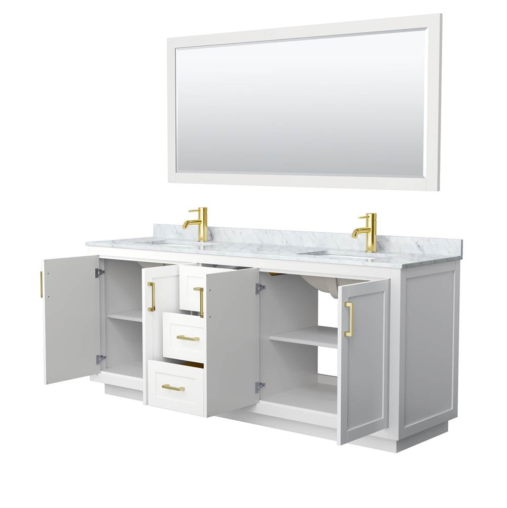 Miranda 80 Inch Double Bathroom Vanity in White, White Carrara Marble Countertop, Undermount Square Sinks, Brushed Gold Trim, 70 Inch Mirror