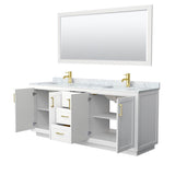 Miranda 80 Inch Double Bathroom Vanity in White, White Carrara Marble Countertop, Undermount Square Sinks, Brushed Gold Trim, 70 Inch Mirror