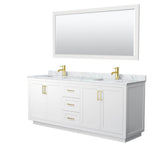 Wyndham Collection - Miranda 80 Inch Double Bathroom Vanity in White, White Carrara Marble Countertop, Undermount Square Sinks, Brushed Gold Trim, 70 Inch Mirror