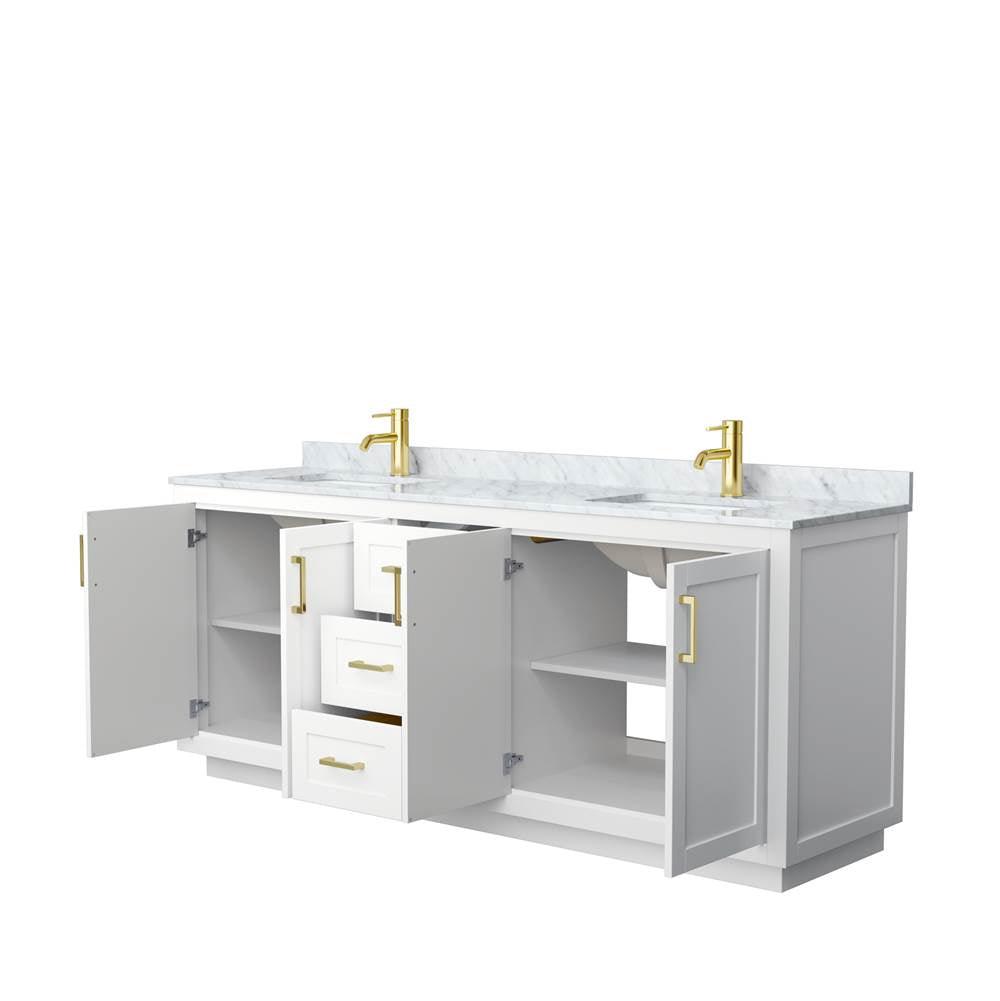 Miranda 80 Inch Double Bathroom Vanity in White, White Carrara Marble Countertop, Undermount Square Sinks, Brushed Gold Trim