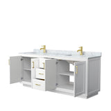 Miranda 80 Inch Double Bathroom Vanity in White, White Carrara Marble Countertop, Undermount Square Sinks, Brushed Gold Trim