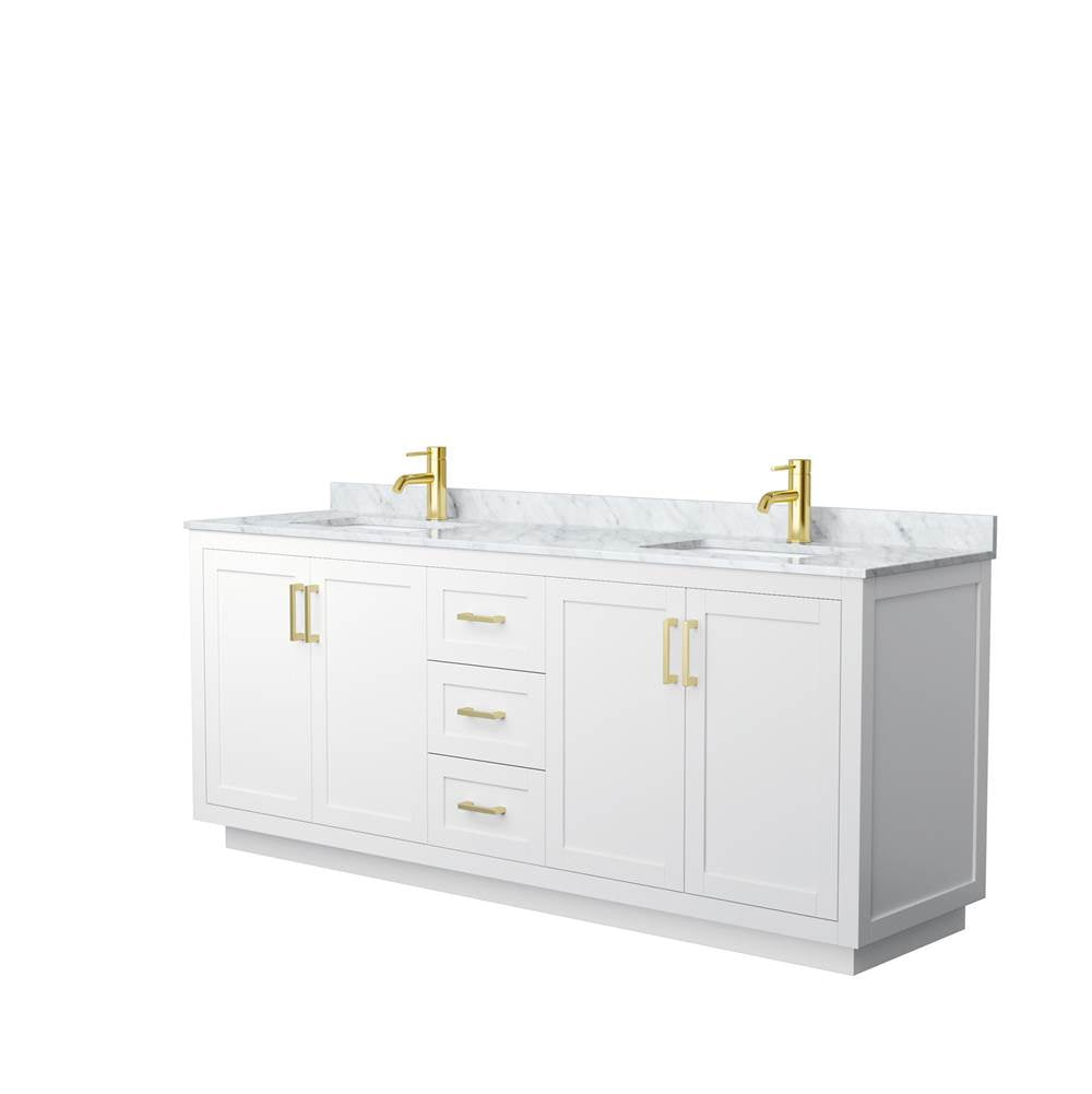 Wyndham Collection - Miranda 80 Inch Double Bathroom Vanity in White, White Carrara Marble Countertop, Undermount Square Sinks, Brushed Gold Trim