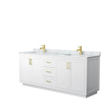 Wyndham Collection - Miranda 80 Inch Double Bathroom Vanity in White, White Carrara Marble Countertop, Undermount Square Sinks, Brushed Gold Trim