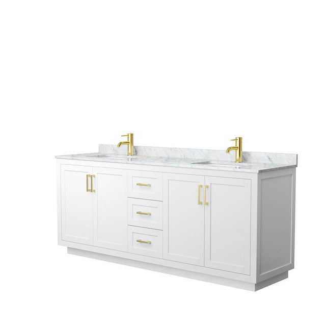 Wyndham Collection - Miranda 80 Inch Double Bathroom Vanity in White, White Carrara Marble Countertop, Undermount Square Sinks, Brushed Gold Trim