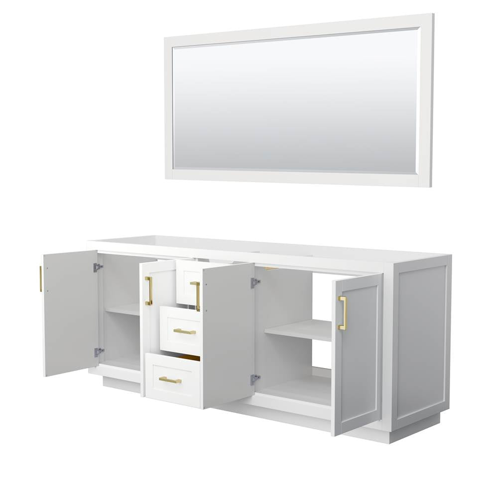 Miranda 80 Inch Double Bathroom Vanity in White, No Countertop, No Sink, Brushed Gold Trim, 70 Inch Mirror