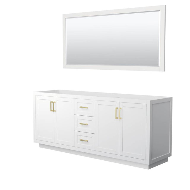 Wyndham Collection - Miranda 80 Inch Double Bathroom Vanity in White, No Countertop, No Sink, Brushed Gold Trim, 70 Inch Mirror