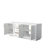 Miranda 80 Inch Double Bathroom Vanity in White, No Countertop, No Sink, Brushed Gold Trim