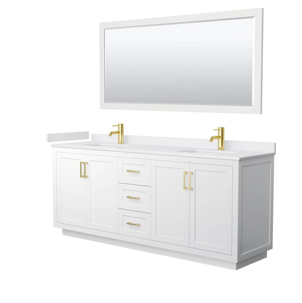 Wyndham Collection - Miranda 80 Inch Double Bathroom Vanity in White, White Cultured Marble Countertop, Undermount Square Sinks, Brushed Gold Trim, 70 Inch Mirror