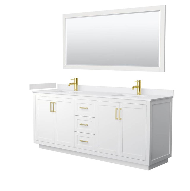 Wyndham Collection - Miranda 80 Inch Double Bathroom Vanity in White, White Cultured Marble Countertop, Undermount Square Sinks, Brushed Gold Trim, 70 Inch Mirror