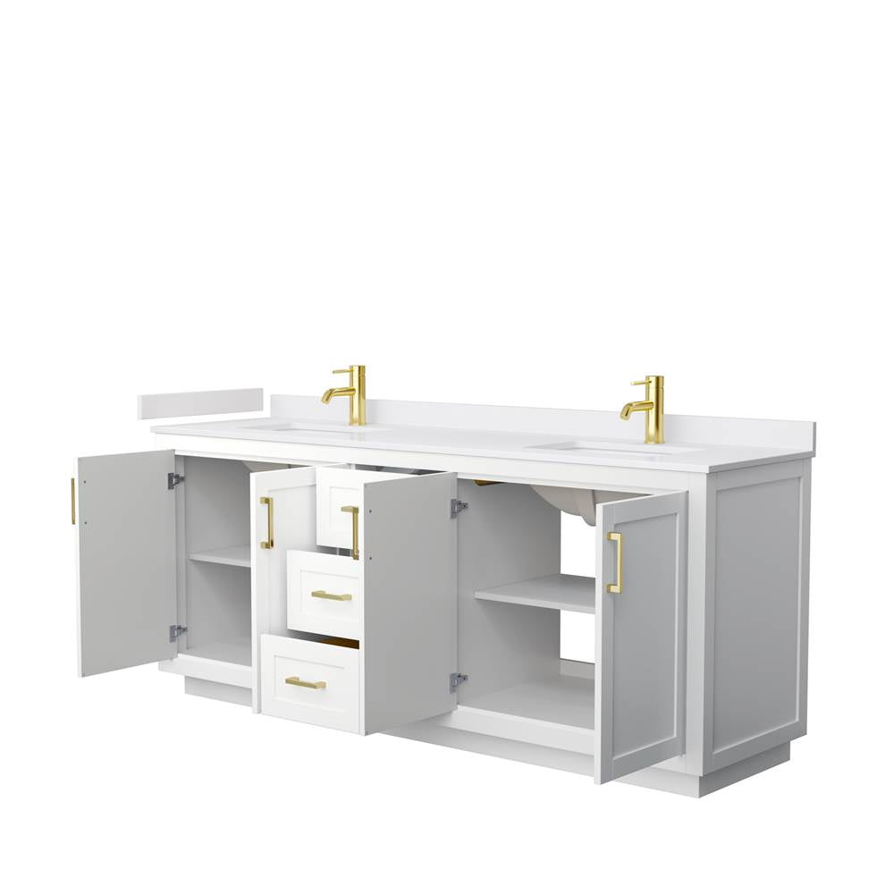 Miranda 80 Inch Double Bathroom Vanity in White, White Cultured Marble Countertop, Undermount Square Sinks, Brushed Gold Trim