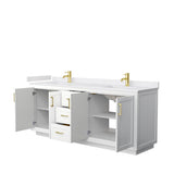 Miranda 80 Inch Double Bathroom Vanity in White, White Cultured Marble Countertop, Undermount Square Sinks, Brushed Gold Trim