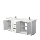 Miranda 80 Inch Double Bathroom Vanity in White, Light-Vein Carrara Cultured Marble Countertop, Undermount Square Sinks, Brushed Nickel Trim