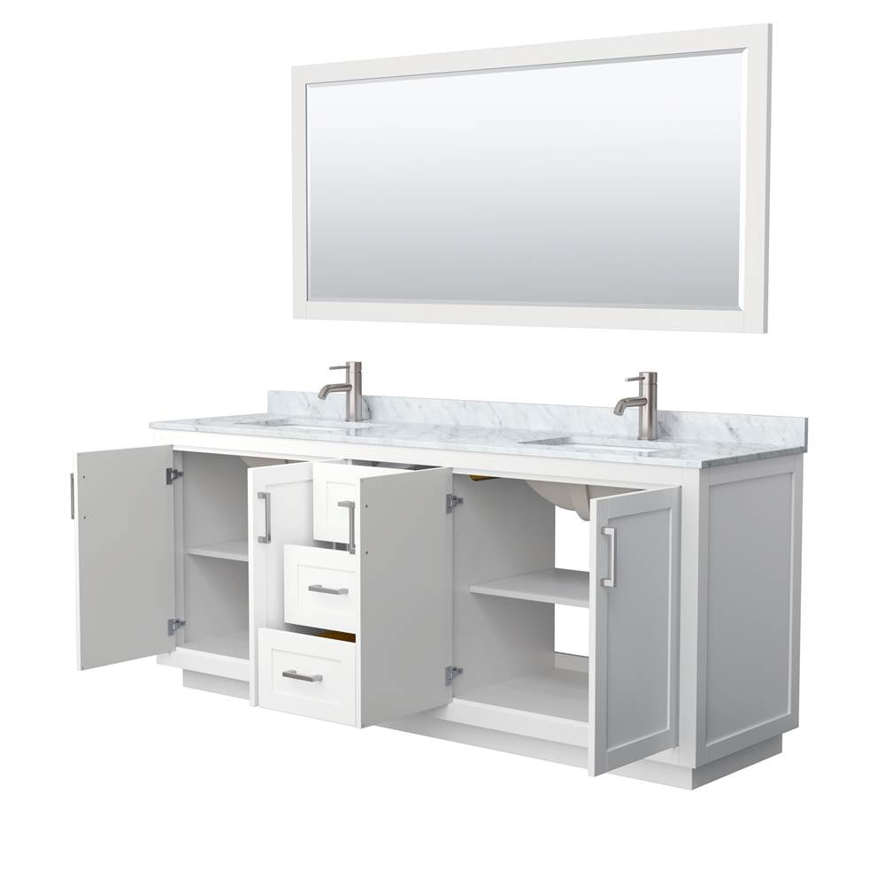 Miranda 80 Inch Double Bathroom Vanity in White, White Carrara Marble Countertop, Undermount Square Sinks, Brushed Nickel Trim, 70 Inch Mirror