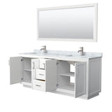 Miranda 80 Inch Double Bathroom Vanity in White, White Carrara Marble Countertop, Undermount Square Sinks, Brushed Nickel Trim, 70 Inch Mirror