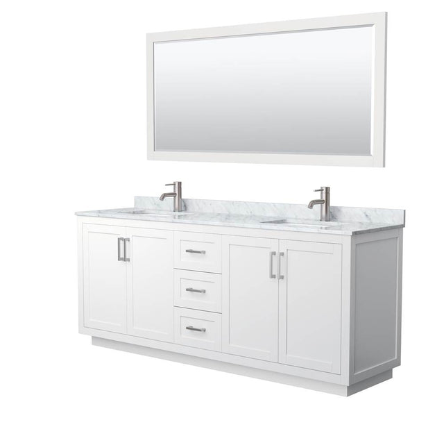 Wyndham Collection - Miranda 80 Inch Double Bathroom Vanity in White, White Carrara Marble Countertop, Undermount Square Sinks, Brushed Nickel Trim, 70 Inch Mirror