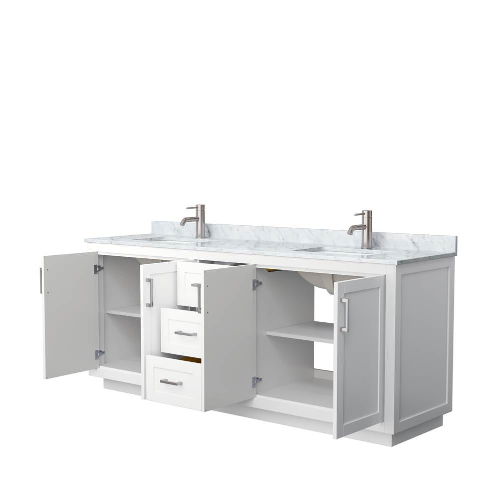 Miranda 80 Inch Double Bathroom Vanity in White, White Carrara Marble Countertop, Undermount Square Sinks, Brushed Nickel Trim