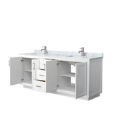 Miranda 80 Inch Double Bathroom Vanity in White, White Carrara Marble Countertop, Undermount Square Sinks, Brushed Nickel Trim