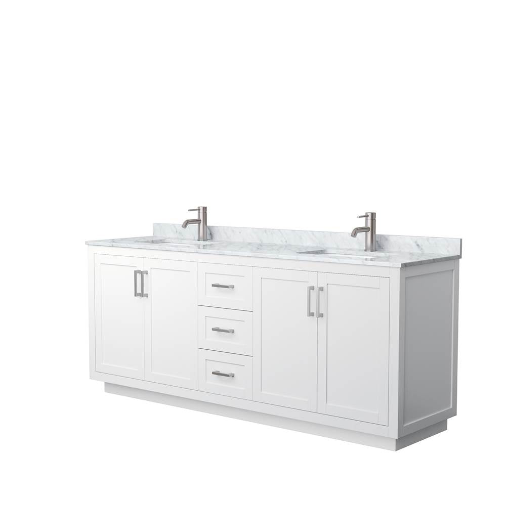 Wyndham Collection - Miranda 80 Inch Double Bathroom Vanity in White, White Carrara Marble Countertop, Undermount Square Sinks, Brushed Nickel Trim