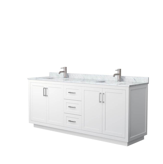 Wyndham Collection - Miranda 80 Inch Double Bathroom Vanity in White, White Carrara Marble Countertop, Undermount Square Sinks, Brushed Nickel Trim