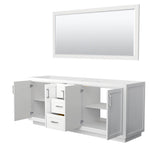 Miranda 80 Inch Double Bathroom Vanity in White, No Countertop, No Sink, Brushed Nickel Trim, 70 Inch Mirror