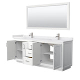 Miranda 80 Inch Double Bathroom Vanity in White, White Cultured Marble Countertop, Undermount Square Sinks, Brushed Nickel Trim, 70 Inch Mirror