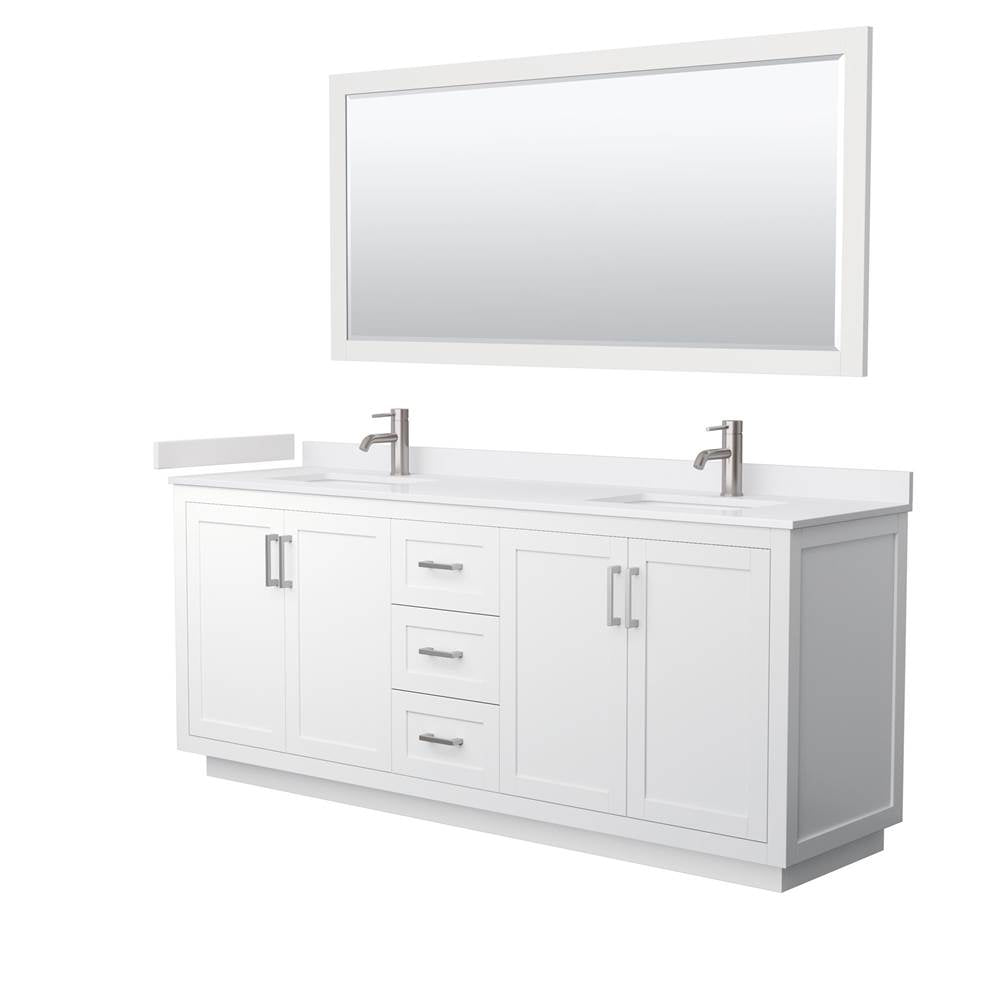 Wyndham Collection - Miranda 80 Inch Double Bathroom Vanity in White, White Cultured Marble Countertop, Undermount Square Sinks, Brushed Nickel Trim, 70 Inch Mirror