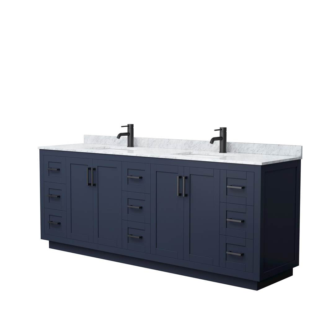 Wyndham Collection - Miranda 84 Inch Double Bathroom Vanity in Dark Blue, White Carrara Marble Countertop, Undermount Square Sinks, Matte Black Trim
