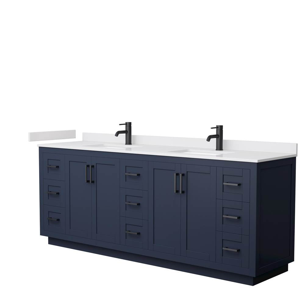 Wyndham Collection - Miranda 84 Inch Double Bathroom Vanity in Dark Blue, White Cultured Marble Countertop, Undermount Square Sinks, Matte Black Trim