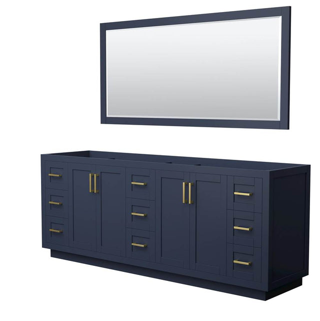 Wyndham Collection - Miranda 84 Inch Double Bathroom Vanity in Dark Blue, No Countertop, No Sink, Brushed Gold Trim, 70 Inch Mirror