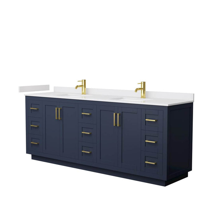 Wyndham Collection - Miranda 84 Inch Double Bathroom Vanity in Dark Blue, White Cultured Marble Countertop, Undermount Square Sinks, Brushed Gold Trim