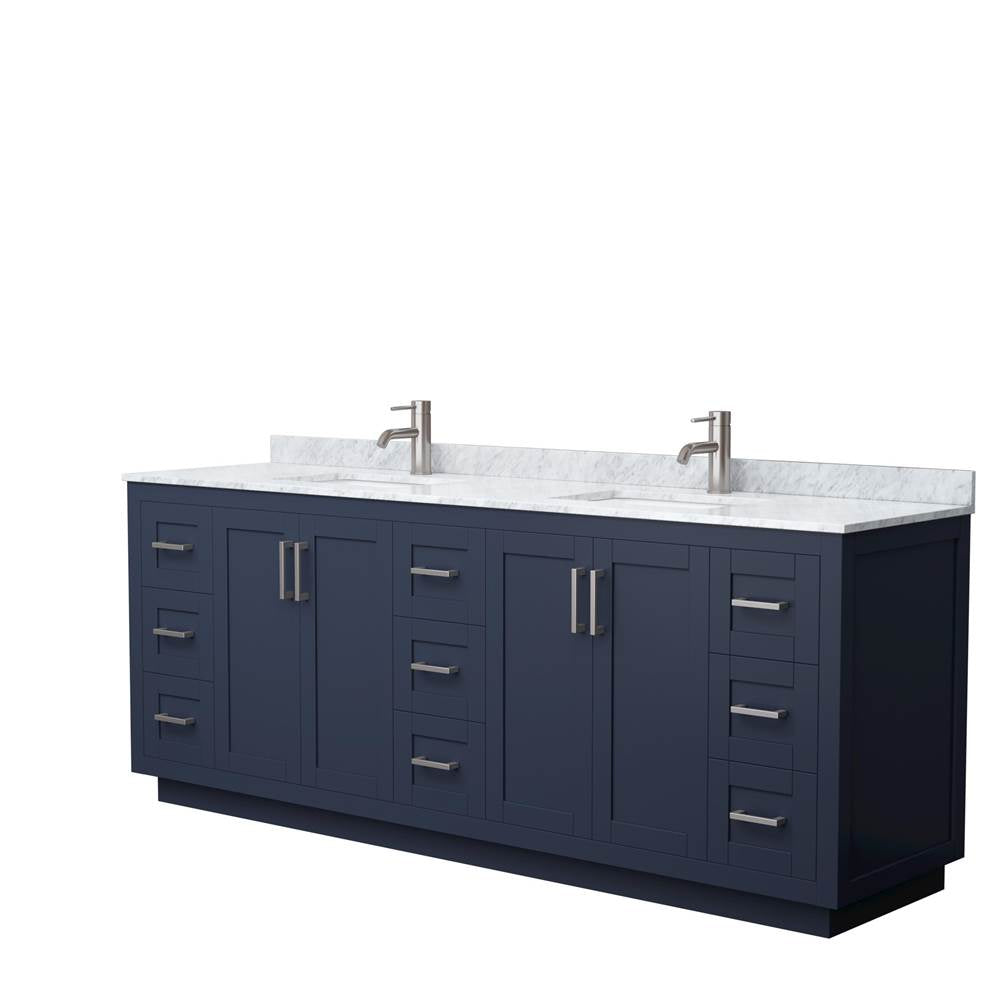 Wyndham Collection - Miranda 84 Inch Double Bathroom Vanity in Dark Blue, White Carrara Marble Countertop, Undermount Square Sinks, Brushed Nickel Trim