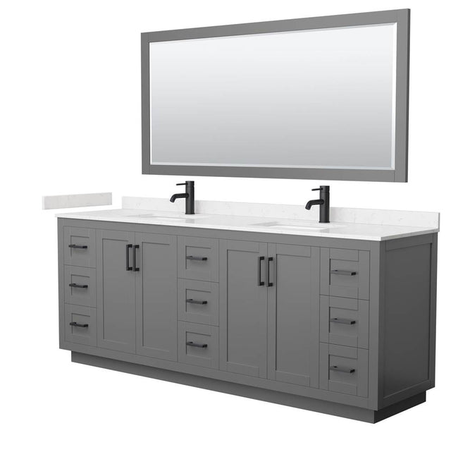 Wyndham Collection - Miranda 84 Inch Double Bathroom Vanity in Dark Gray, Carrara Cultured Marble Countertop, Undermount Square Sinks, Matte Black Trim, 70 Inch Mirror