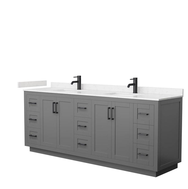 Wyndham Collection - Miranda 84 Inch Double Bathroom Vanity in Dark Gray, Carrara Cultured Marble Countertop, Undermount Square Sinks, Matte Black Trim