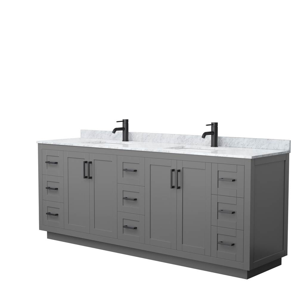 Wyndham Collection - Miranda 84 Inch Double Bathroom Vanity in Dark Gray, White Carrara Marble Countertop, Undermount Square Sinks, Matte Black Trim