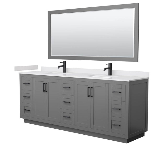 Wyndham Collection - Miranda 84 Inch Double Bathroom Vanity in Dark Gray, White Cultured Marble Countertop, Undermount Square Sinks, Matte Black Trim, 70 Inch Mirror