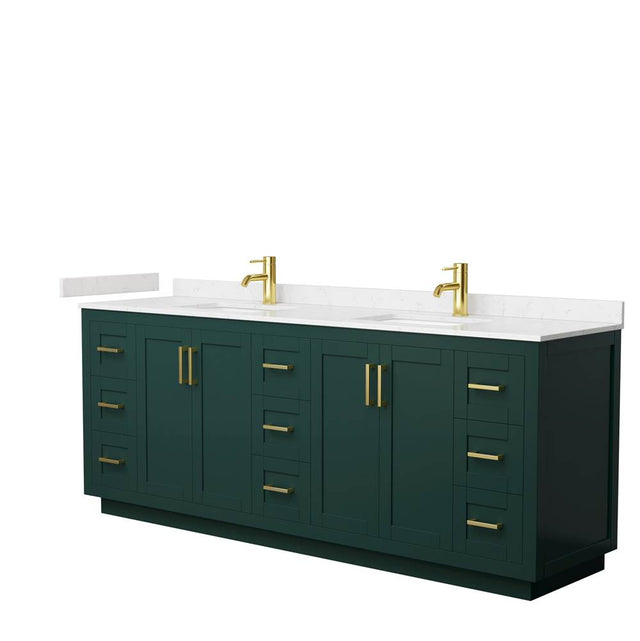 Wyndham Collection - Miranda 84 Inch Double Bathroom Vanity in Green, Carrara Cultured Marble Countertop, Undermount Square Sinks, Brushed Gold Trim