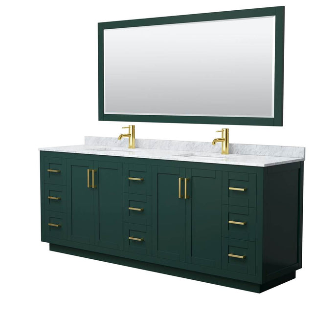 Wyndham Collection - Miranda 84 Inch Double Bathroom Vanity in Green, White Carrara Marble Countertop, Undermount Square Sinks, Brushed Gold Trim, 70 Inch Mirror