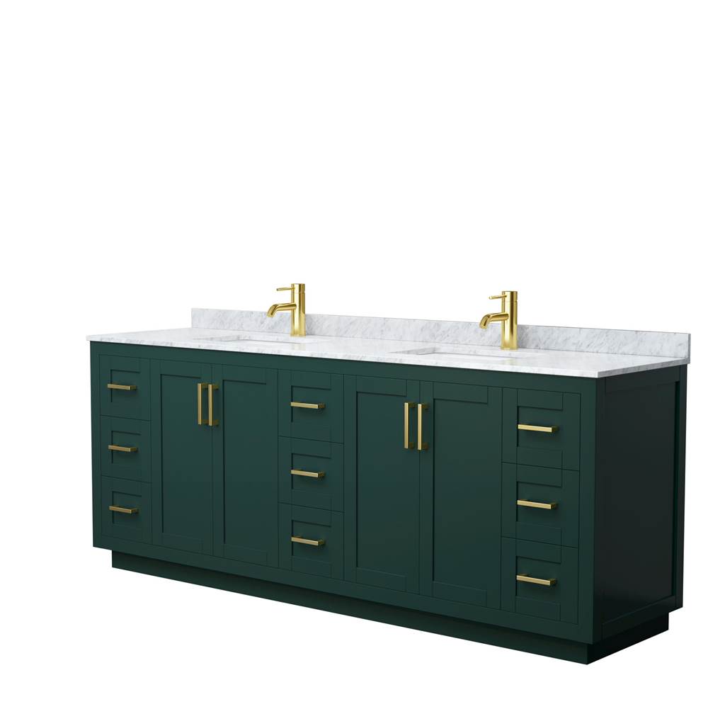 Wyndham Collection - Miranda 84 Inch Double Bathroom Vanity in Green, White Carrara Marble Countertop, Undermount Square Sinks, Brushed Gold Trim