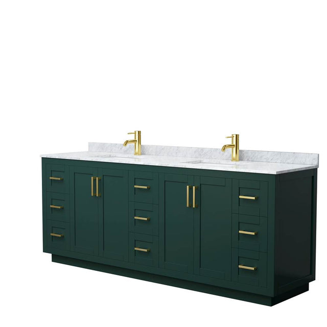 Wyndham Collection - Miranda 84 Inch Double Bathroom Vanity in Green, White Carrara Marble Countertop, Undermount Square Sinks, Brushed Gold Trim