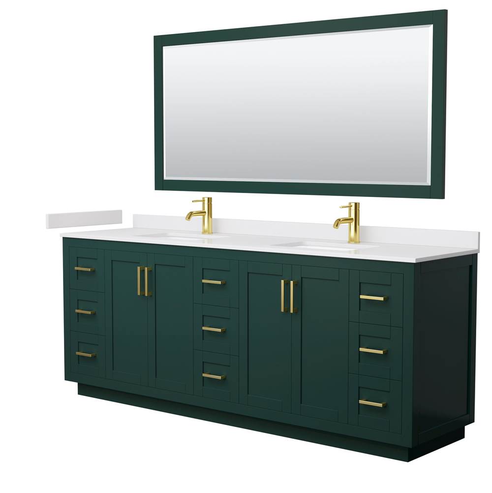 Wyndham Collection - Miranda 84 Inch Double Bathroom Vanity in Green, White Cultured Marble Countertop, Undermount Square Sinks, Brushed Gold Trim, 70 Inch Mirror