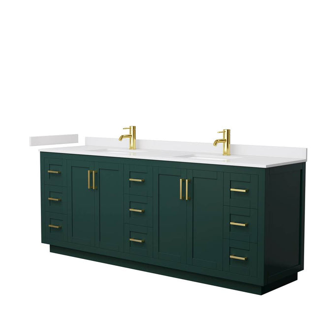 Wyndham Collection - Miranda 84 Inch Double Bathroom Vanity in Green, White Cultured Marble Countertop, Undermount Square Sinks, Brushed Gold Trim