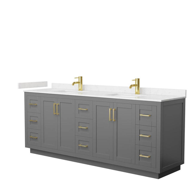 Wyndham Collection - Miranda 84 Inch Double Bathroom Vanity in Dark Gray, Carrara Cultured Marble Countertop, Undermount Square Sinks, Brushed Gold Trim