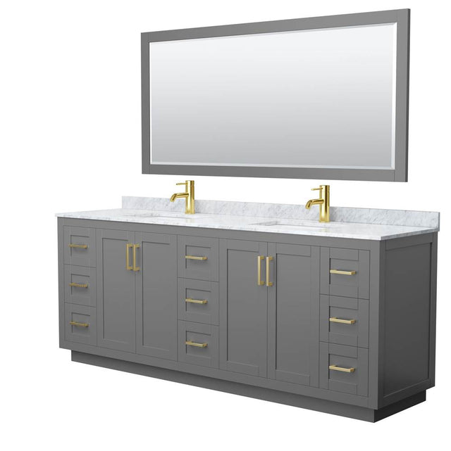 Wyndham Collection - Miranda 84 Inch Double Bathroom Vanity in Dark Gray, White Carrara Marble Countertop, Undermount Square Sinks, Brushed Gold Trim, 70 Inch Mirror